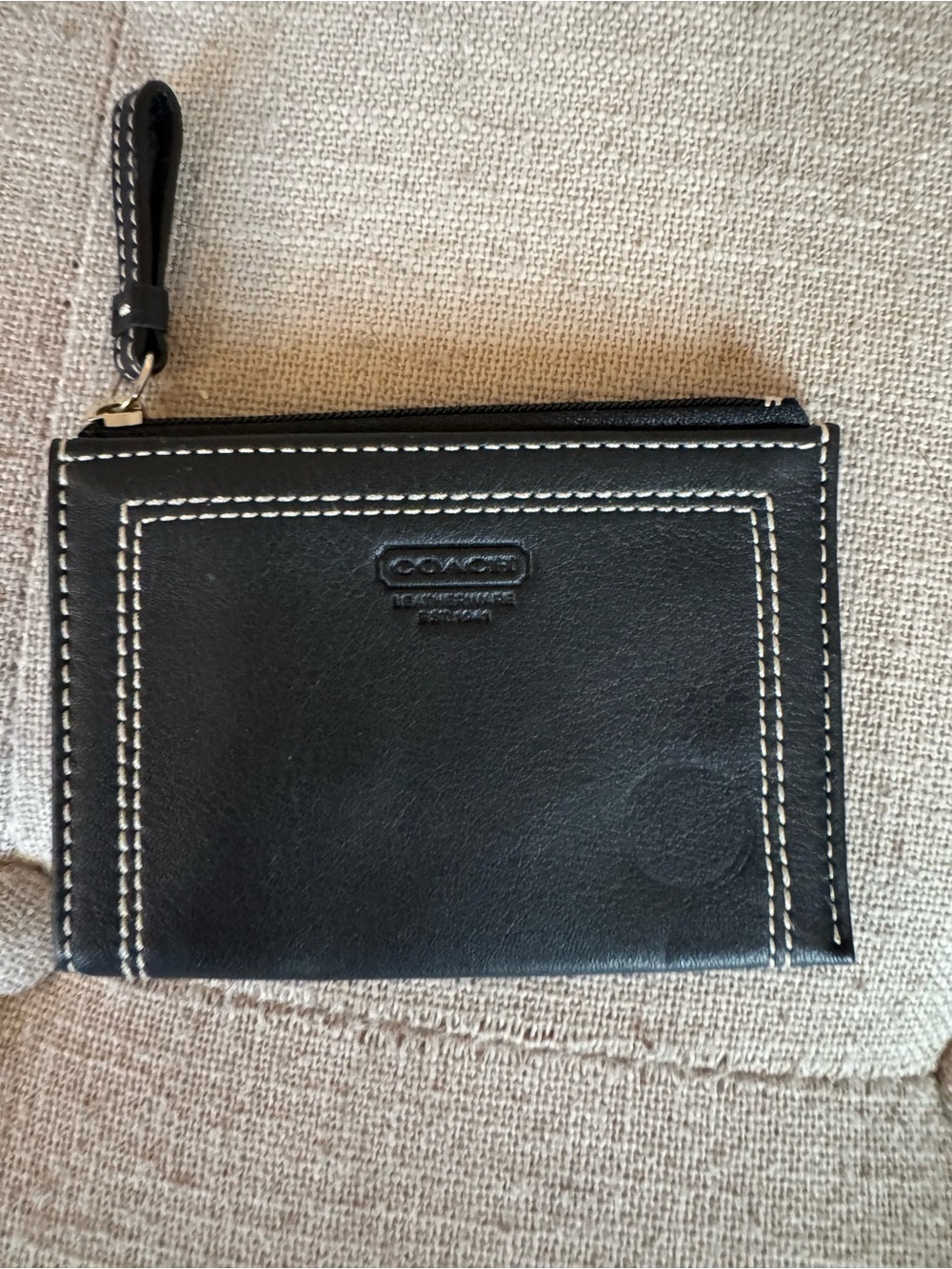 Coach Black Leather Zip Card Case with Contrast Stitching